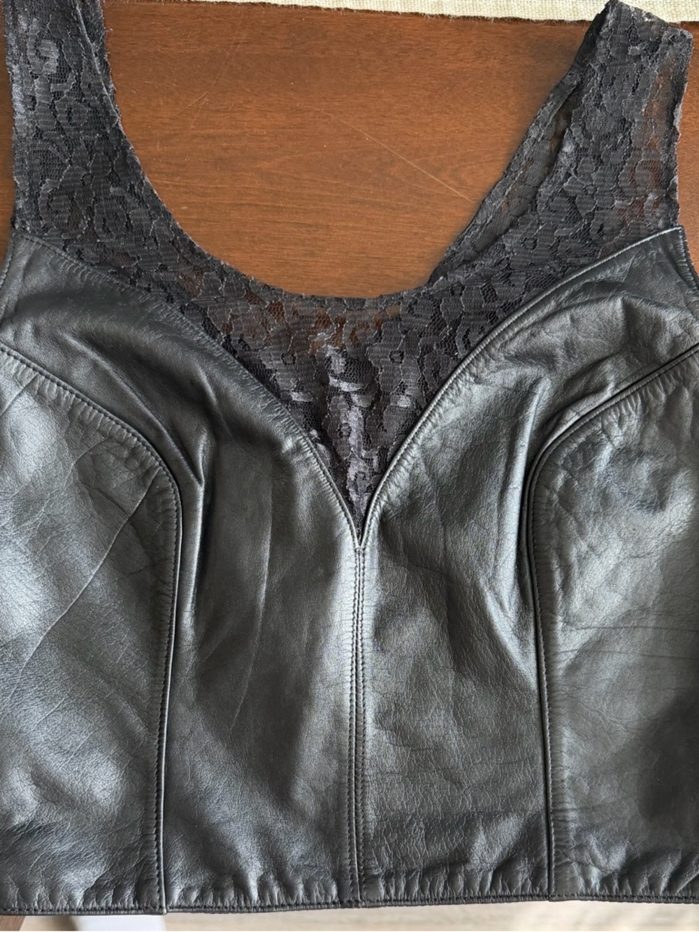 Vintage Chia Black Lace-Trim Faux Leather Tank Top